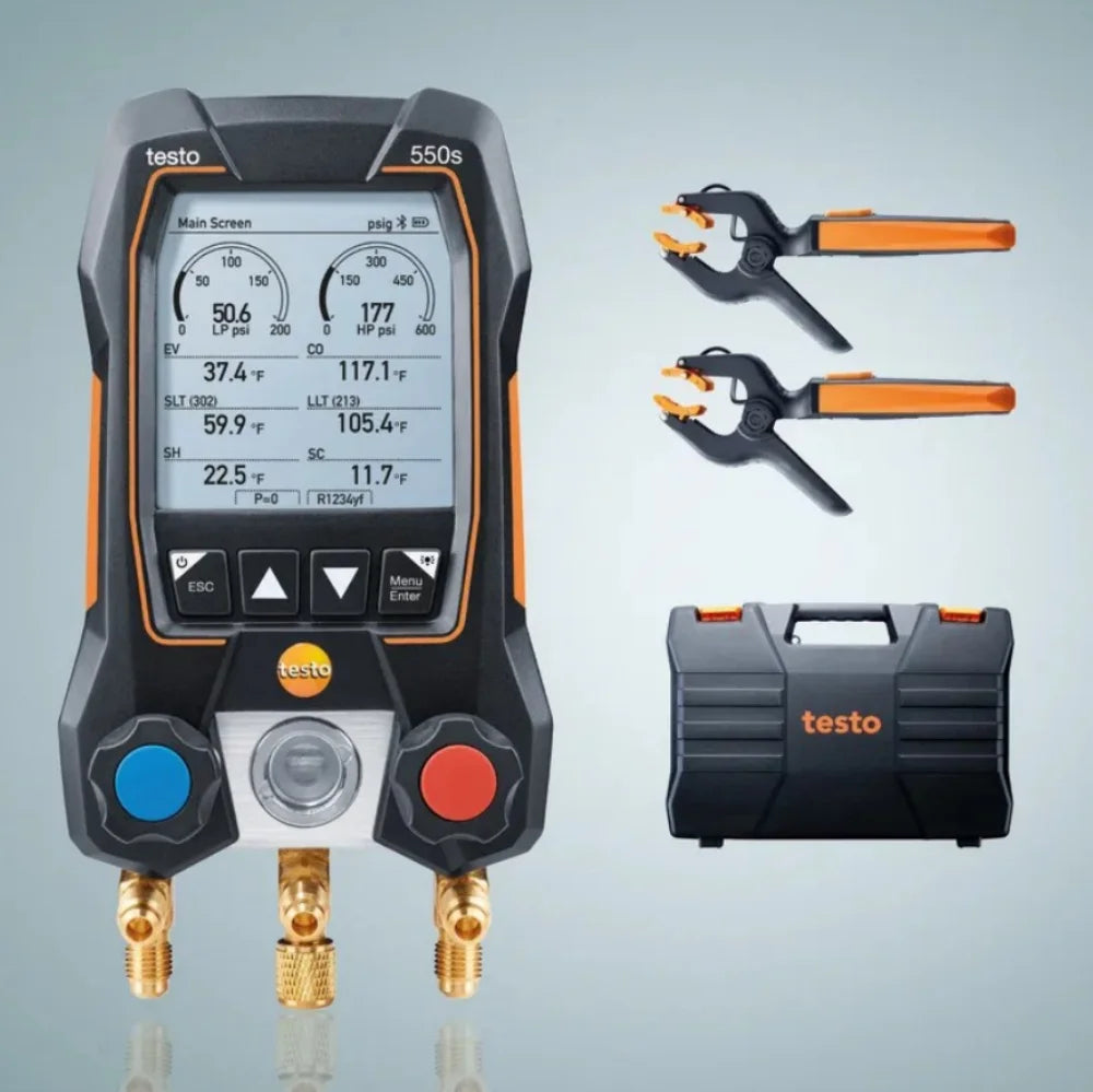 Testo 550s Smart Digital Manifold Kit with Wireless Clamp Temperature Probes