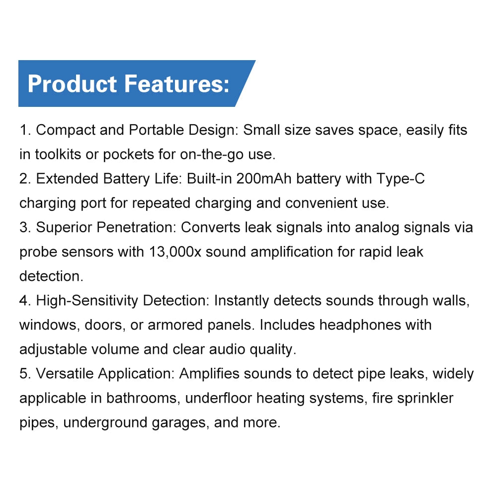 Water Leak Detector Multi-functional Sound Detector For Pipe Water Leak Suitable For Leak Detection Of Various Construction Pipe